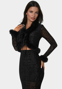 Front View-Animal Mesh Faux Fur Trim Long Sleeve Top-Black