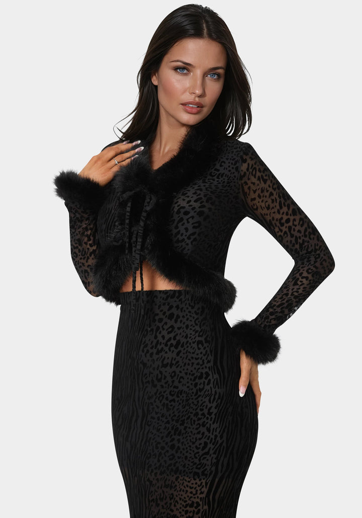 Front View-Animal Mesh Faux Fur Trim Long Sleeve Top-Black
