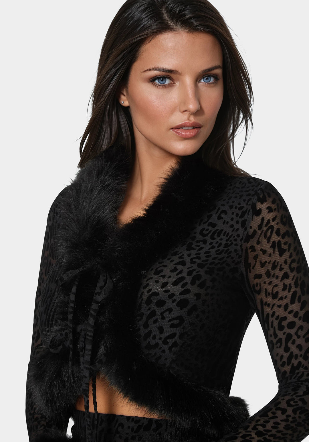 Animal Mesh Faux Fur Trim Long Sleeve Top bebe Animal Mesh Faux Fur Trim Long Sleeve Top bebe
