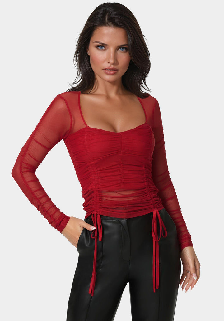 Front View-Stretch Mesh Shirring Long Sleeve Top-Chili Pepper