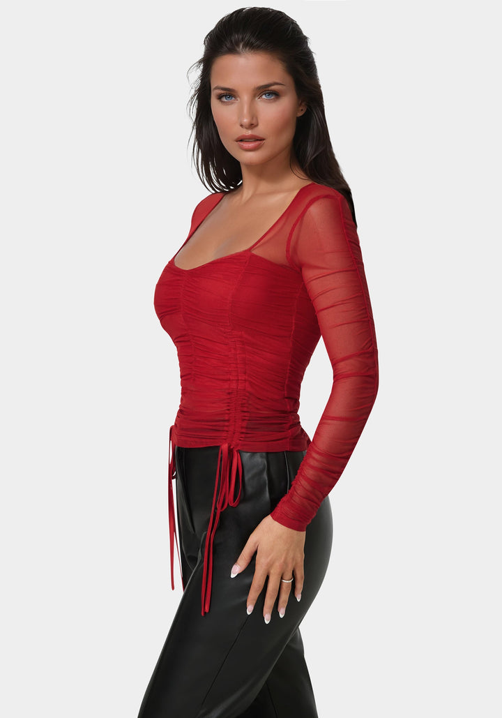 Side View-Stretch Mesh Shirring Long Sleeve Top-Chili Pepper