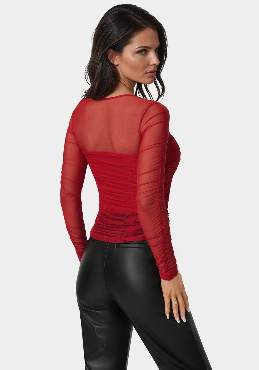 Back View-Stretch Mesh Shirring Long Sleeve Top-Chili Pepper