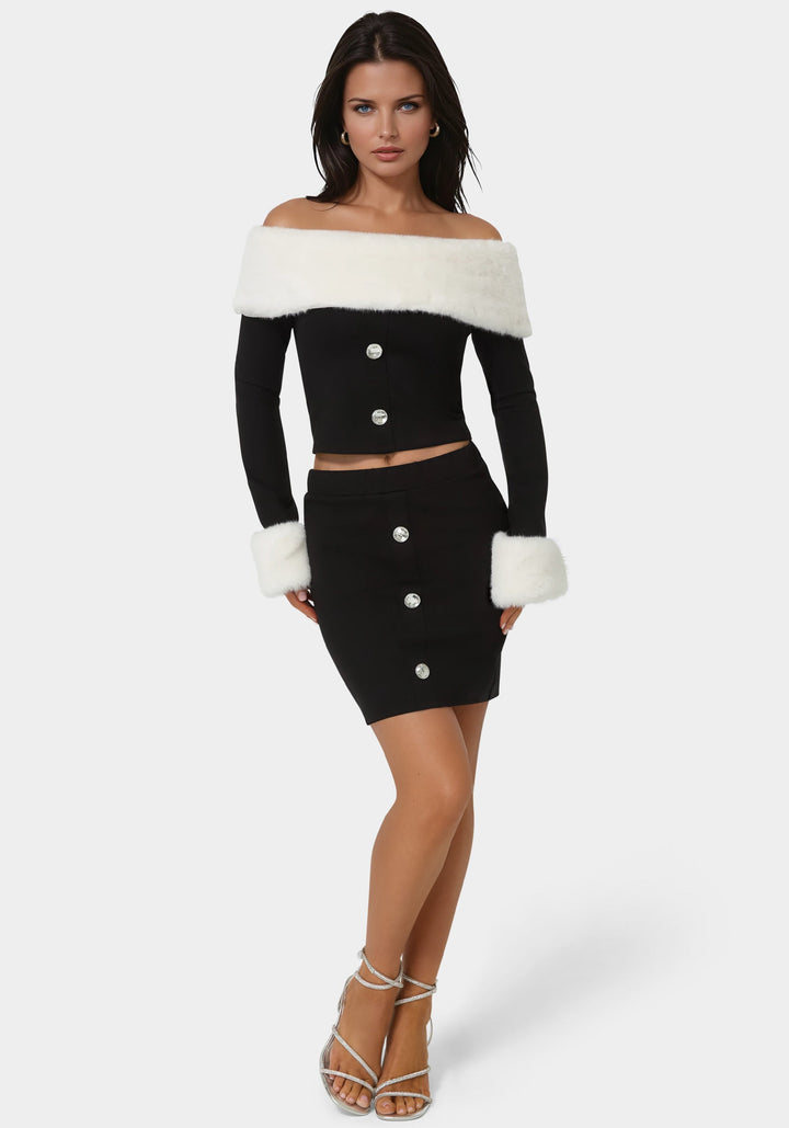 Front View-Off Shoulder Removable Faux Fur Set-BLACK