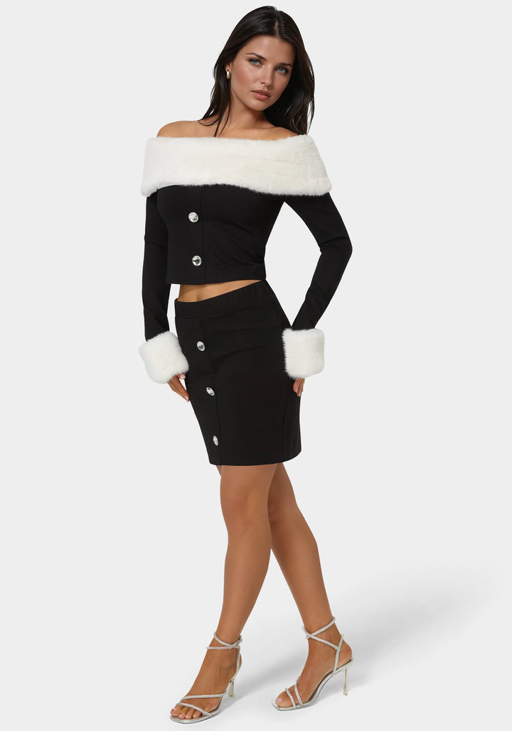 Detail View-Off Shoulder Removable Faux Fur Set-BLACK