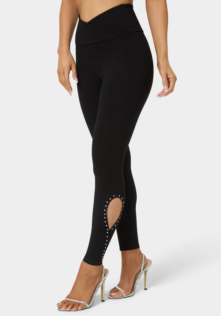 Front View-High Waist Rhinestone Legging-Black