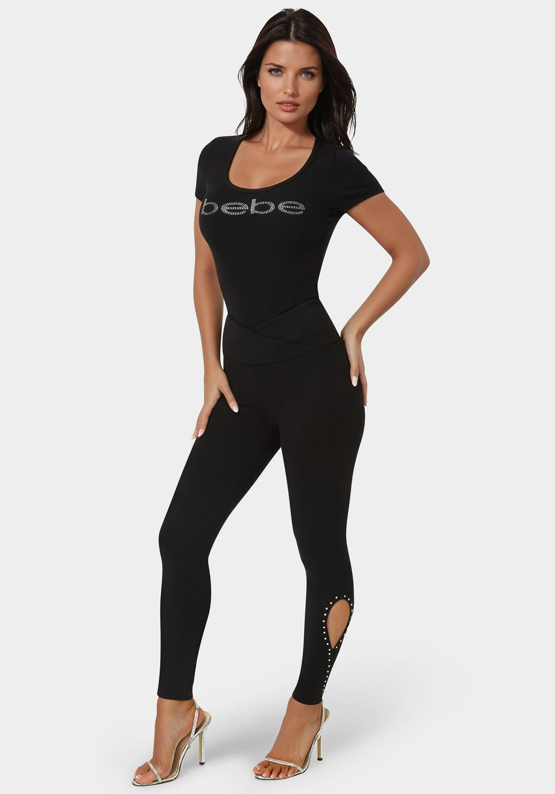 Side View-High Waist Rhinestone Legging-Black