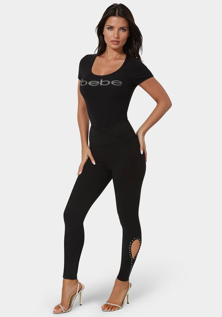 Side View-High Waist Rhinestone Legging-Black