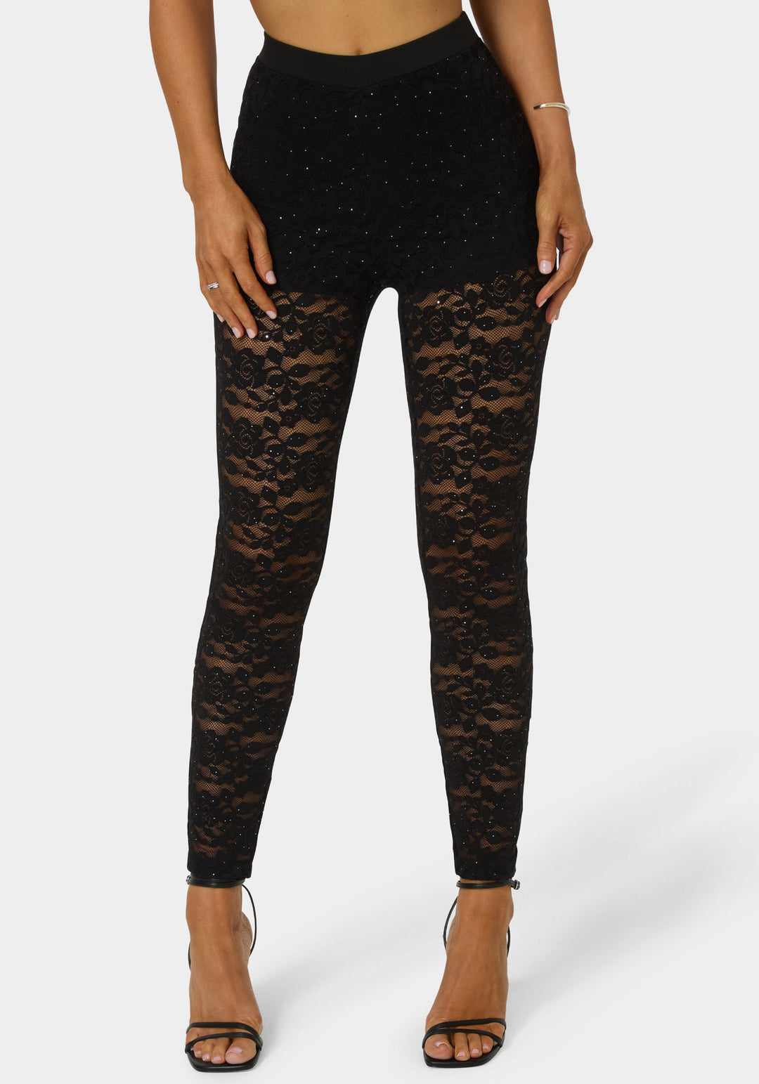 Front View-High Waist Embellished Stretch Lace Legging-BLACK