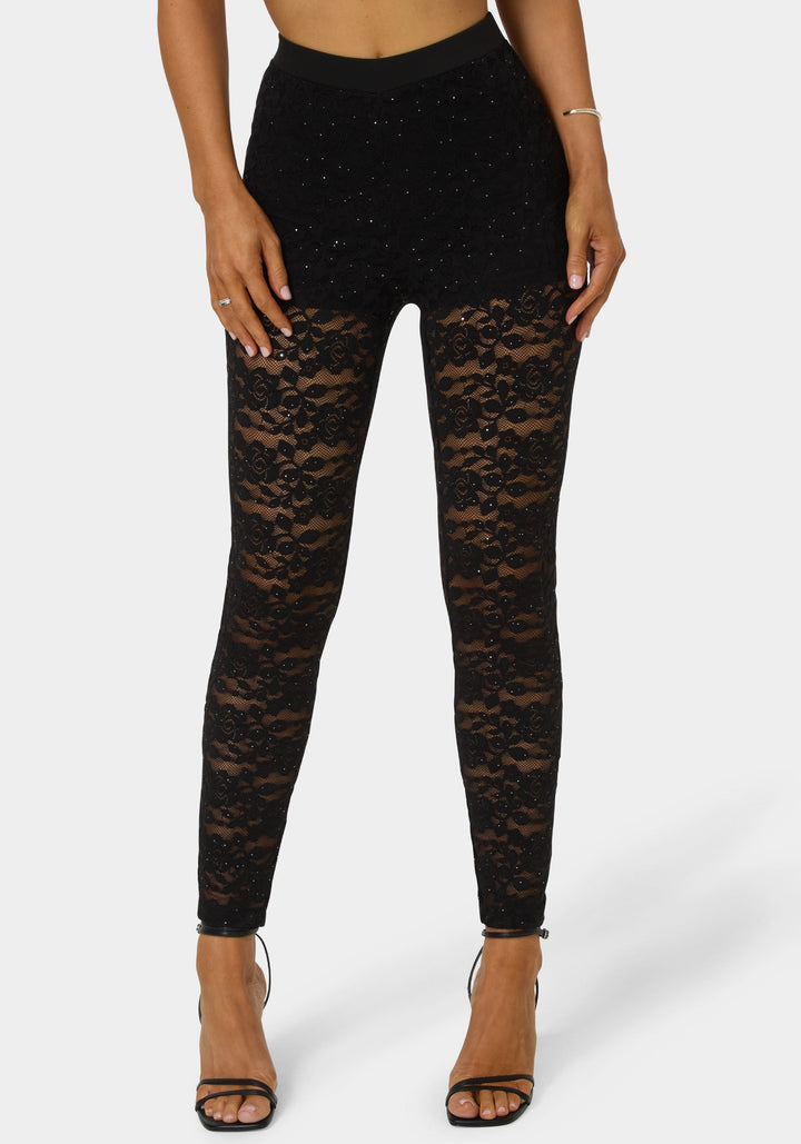 Front View-High Waist Embellished Stretch Lace Legging-BLACK