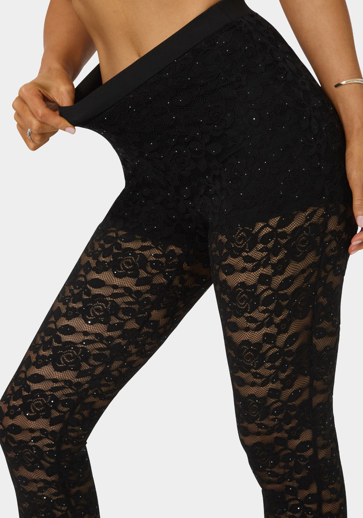 Side View-High Waist Embellished Stretch Lace Legging-BLACK