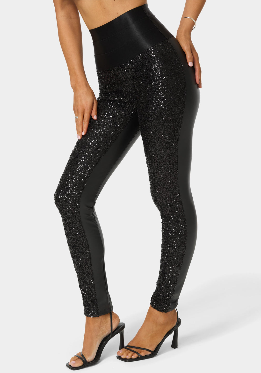 Front View-High Waist Elastic Waistband Sequin Legging-BLACK
