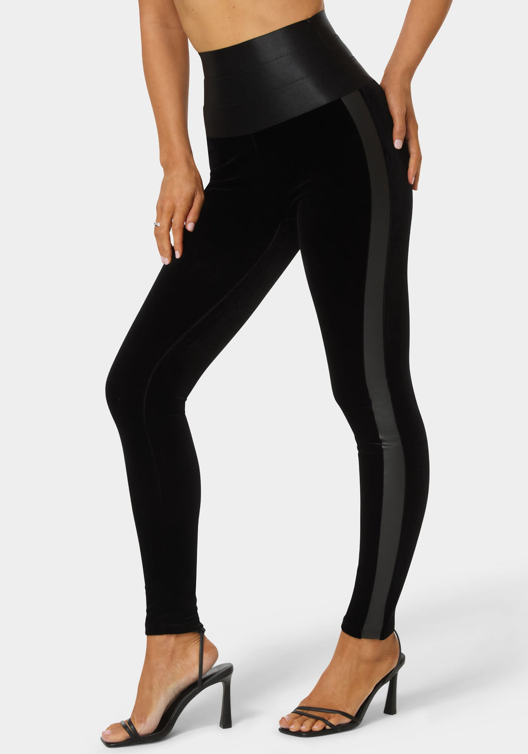 Front View-High Waist Elastic Waistband Velour Legging-BLACK