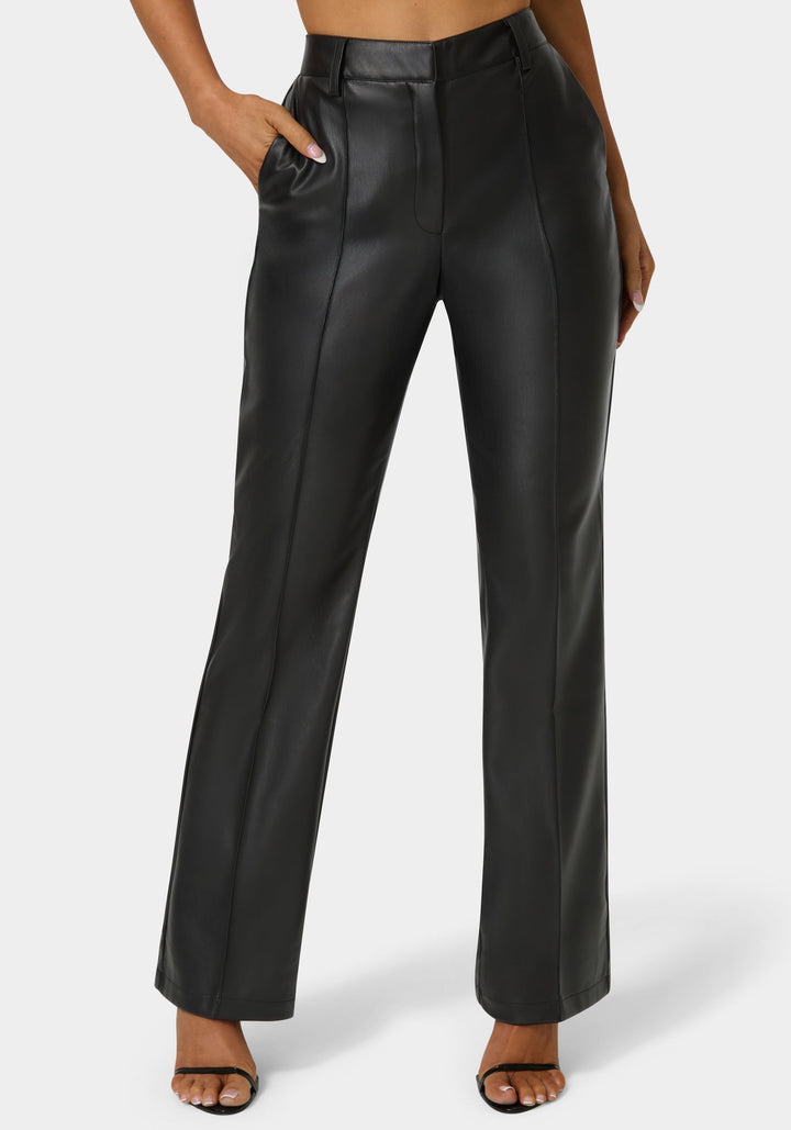 Front View-High Waist Vegan Leather Fit & Flare Pant-Black