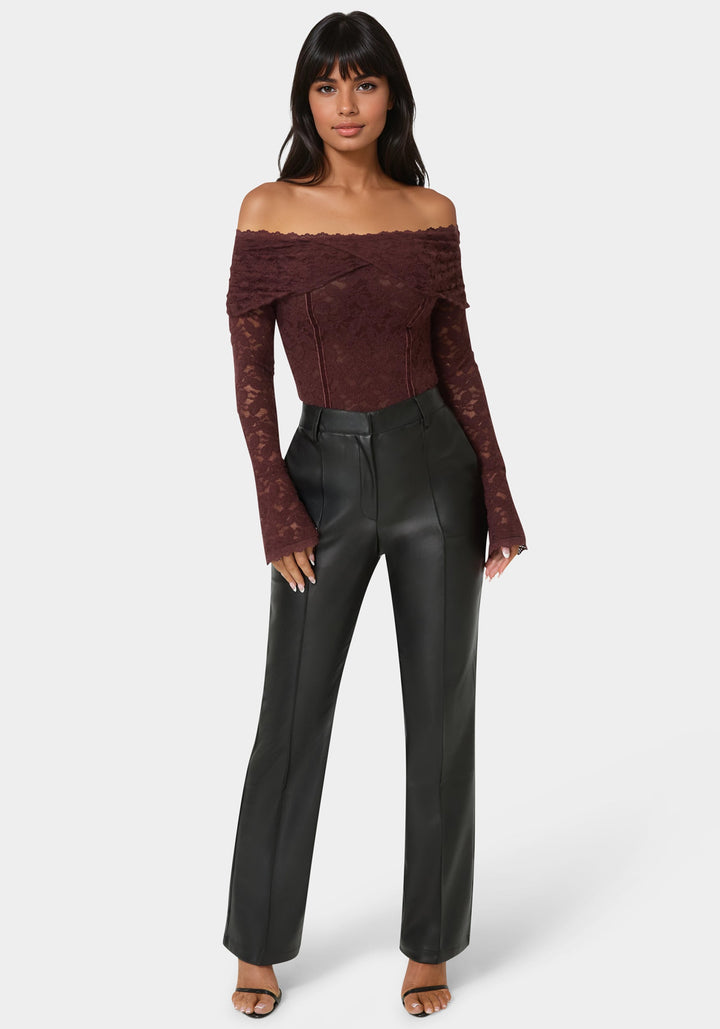 Detail View-High Waist Vegan Leather Fit & Flare Pant-Black
