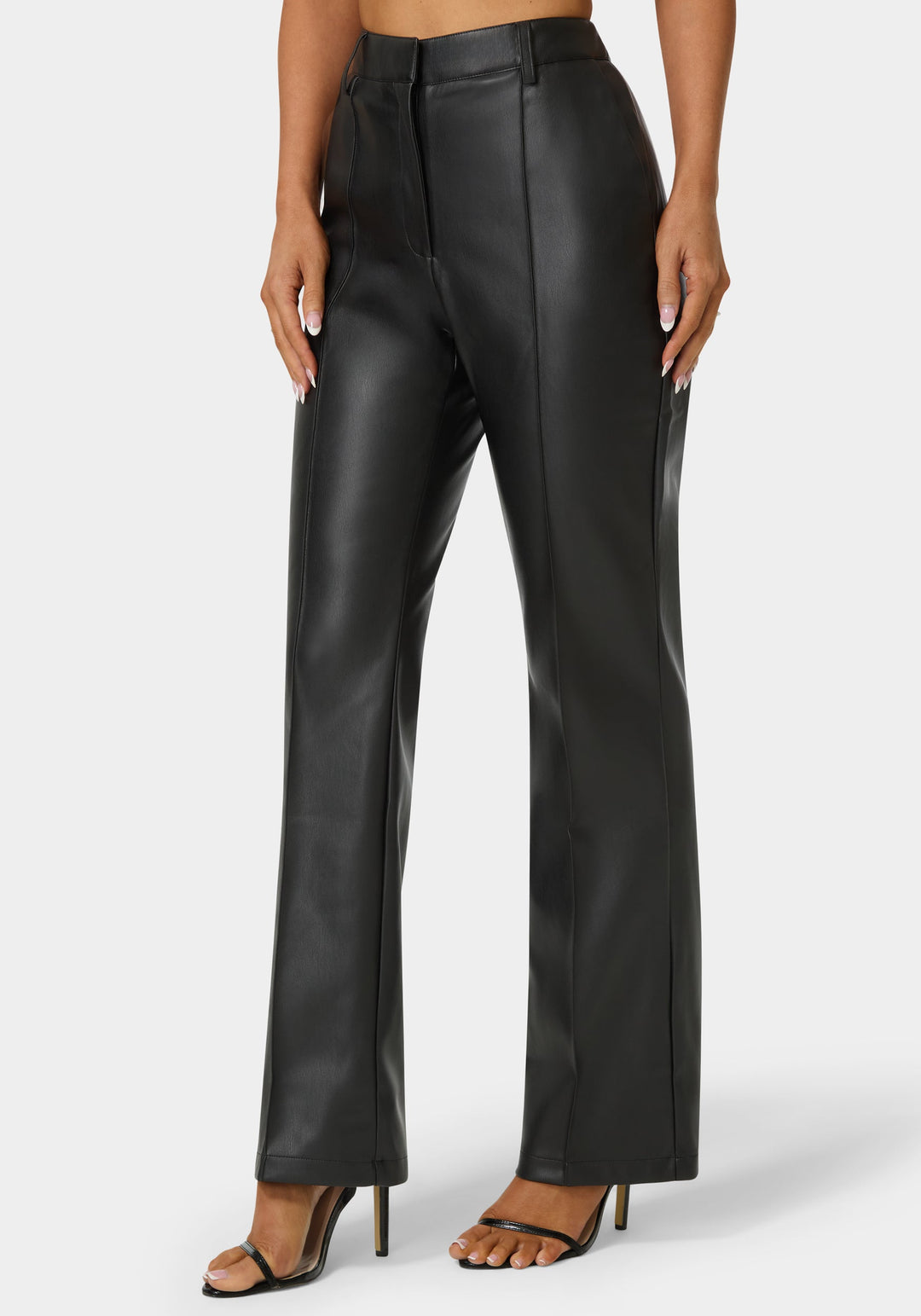 Side View-High Waist Vegan Leather Fit & Flare Pant-Black