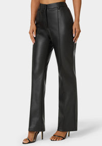 Side View-High Waist Vegan Leather Fit & Flare Pant-Black