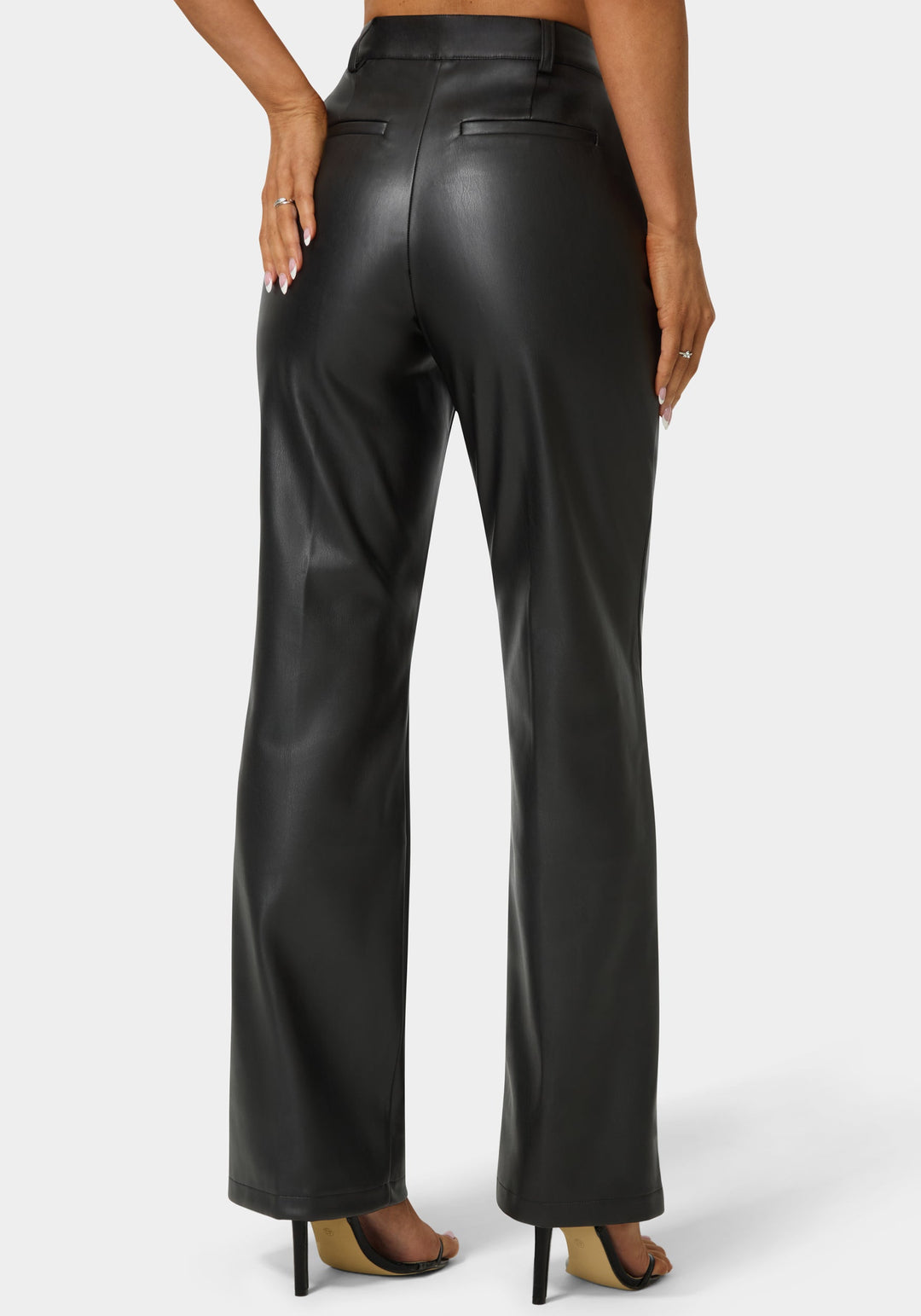 Back View-High Waist Vegan Leather Fit & Flare Pant-Black