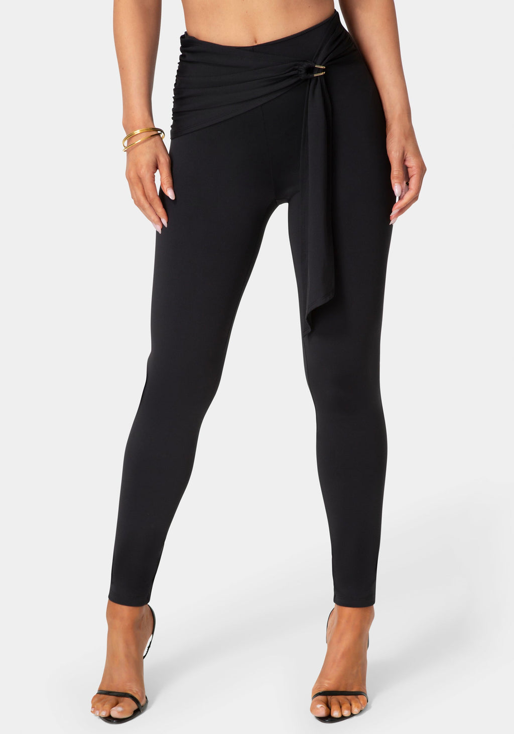Front View-High Waist Draped Sash Legging-Black