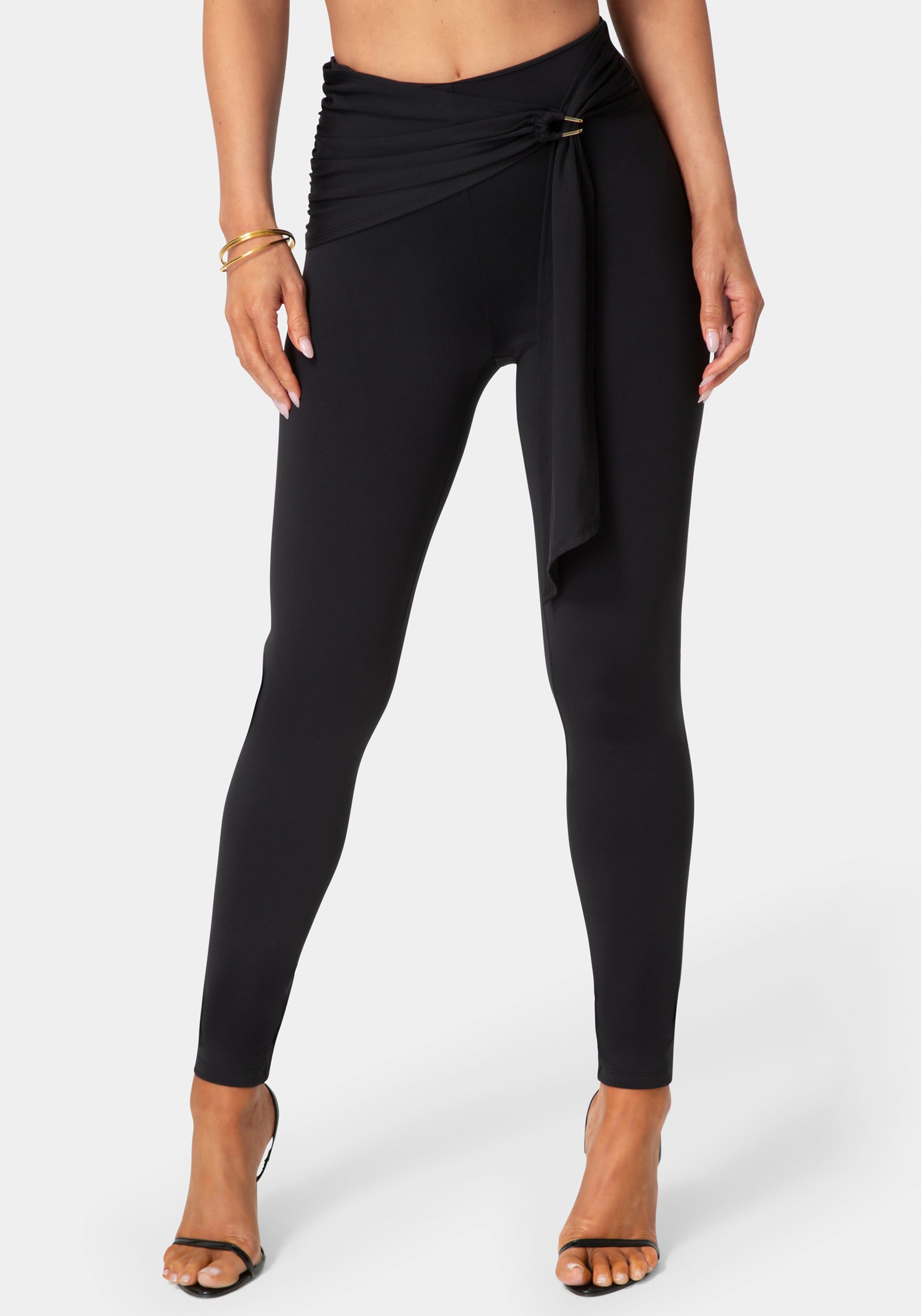 Front View-High Waist Draped Sash Legging-Black