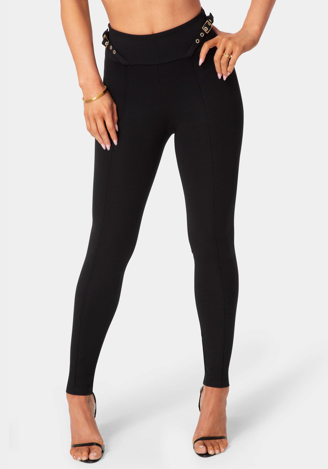 Front View-High Waist Belted Legging-Black