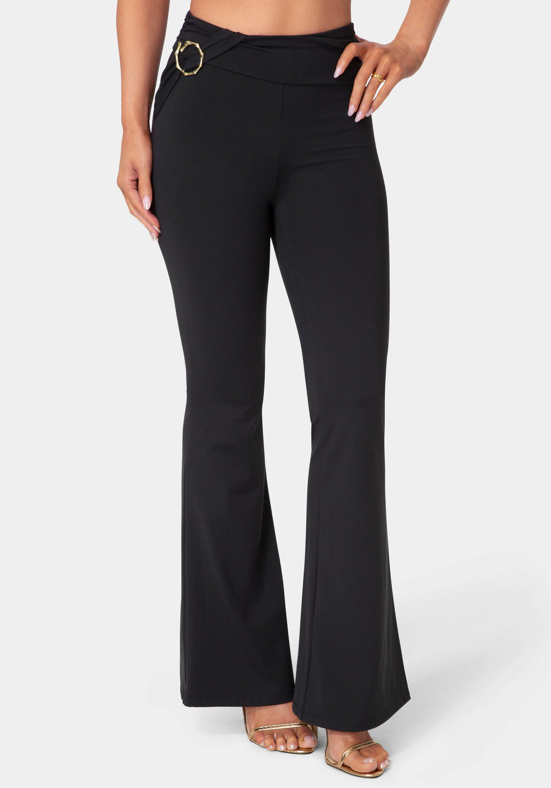 Front View-High Waist Draped Flare Leg Legging-Black