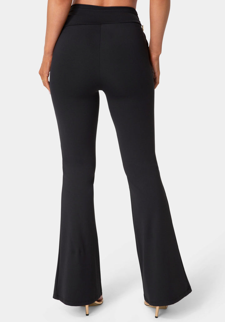 Back View-High Waist Draped Flare Leg Legging-Black