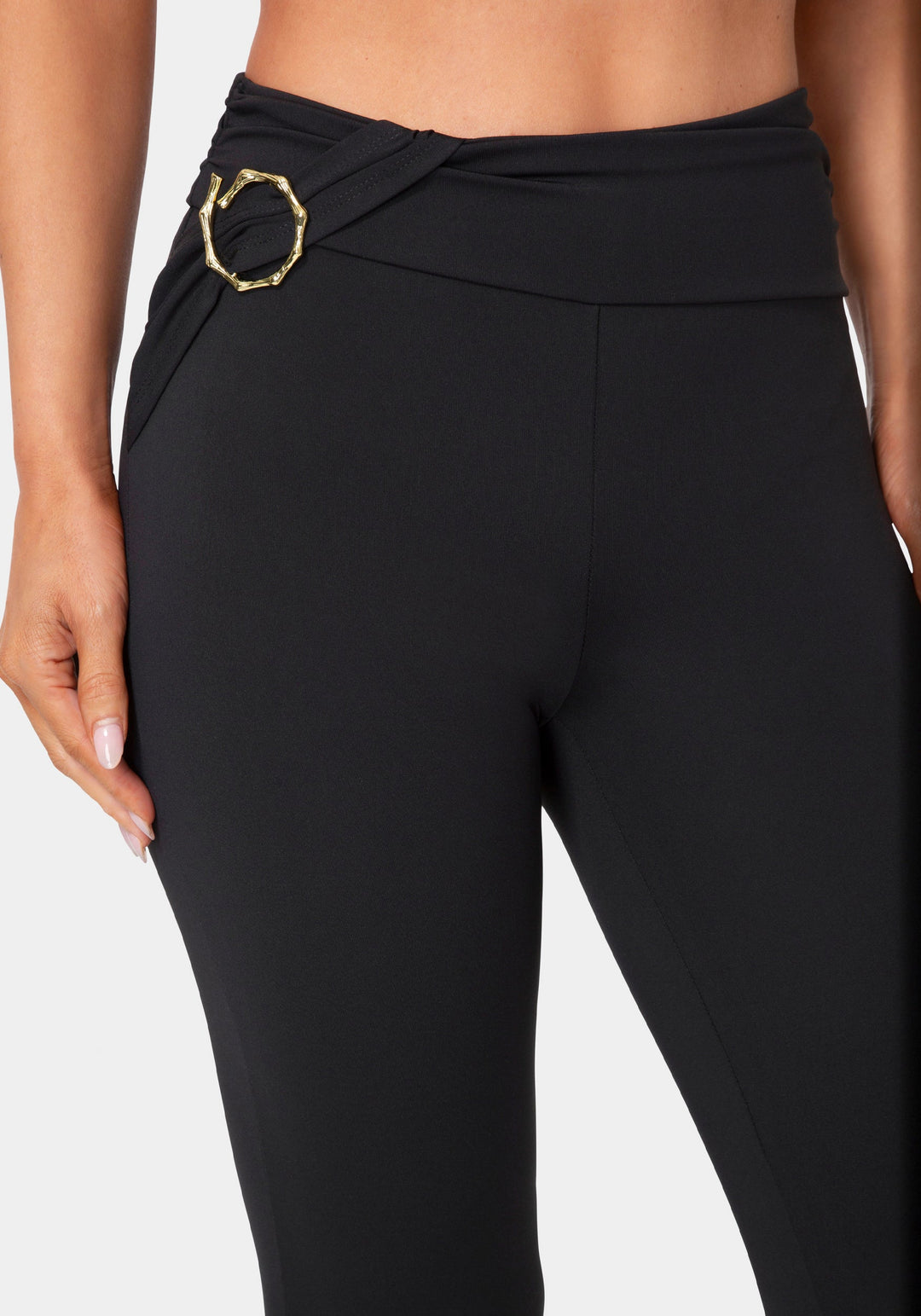 Bebe Women's High Waist Draped Flare Leg Legging, Size XS in Black Metal/Spandex/Nylon Bebe Women's High Waist Draped Flare Leg Legging, Size XS in Black Metal/Spandex/Nylon