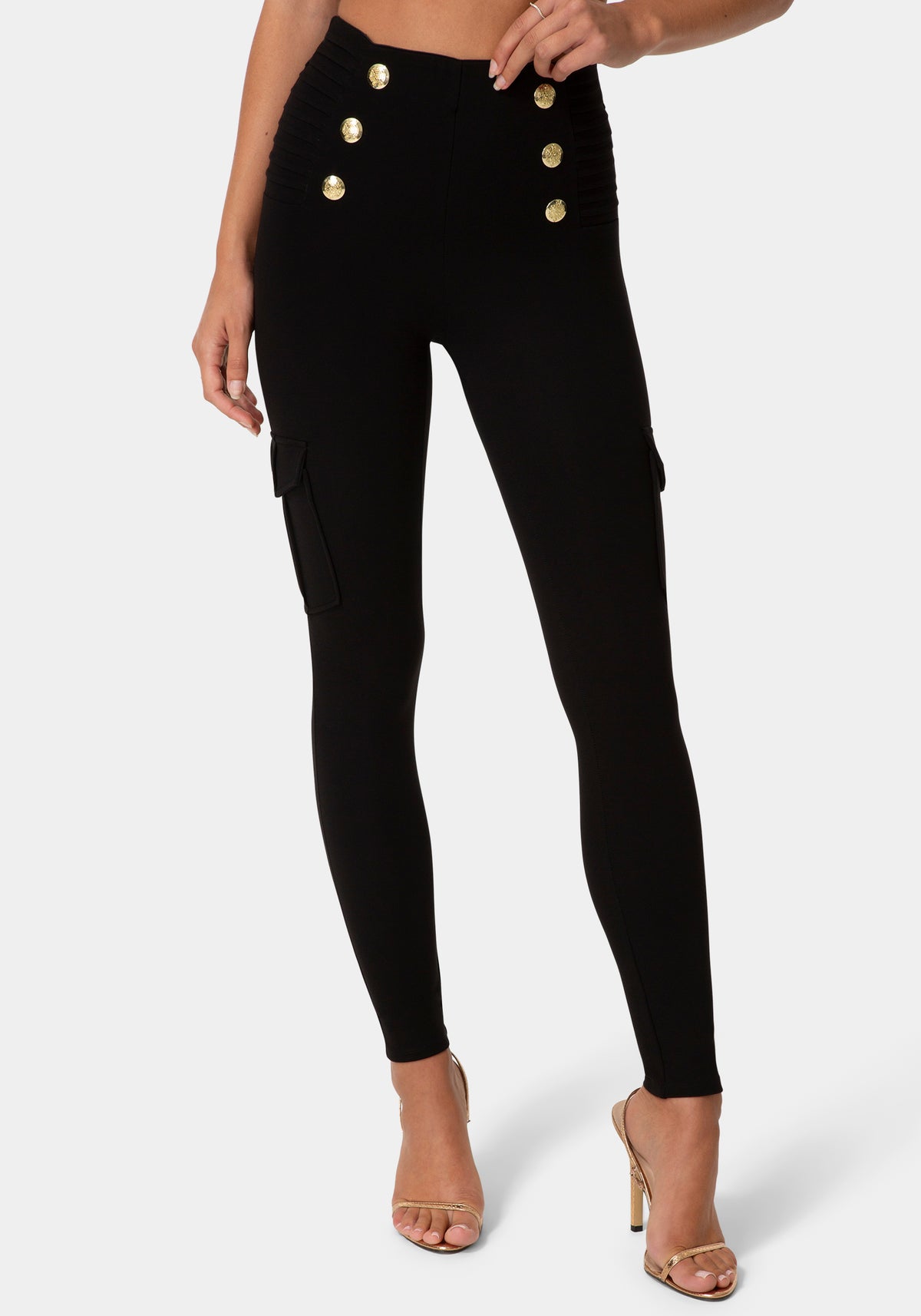 Front View-HIGH WAIST GOLD BUTTON LEGGINGS-BLACK