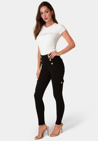 Side View-HIGH WAIST GOLD BUTTON LEGGINGS-BLACK