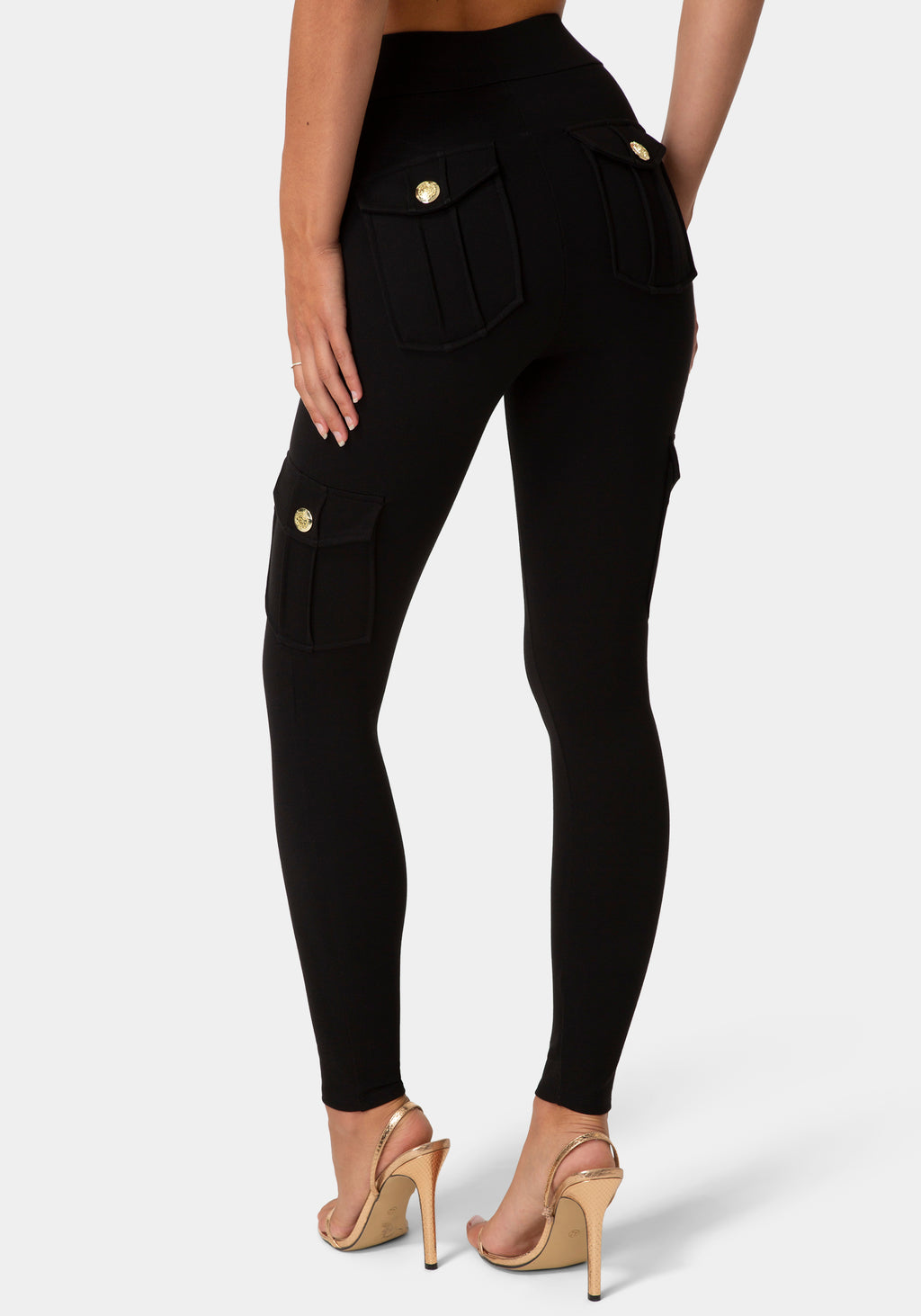 Back View-HIGH WAIST GOLD BUTTON LEGGINGS-BLACK