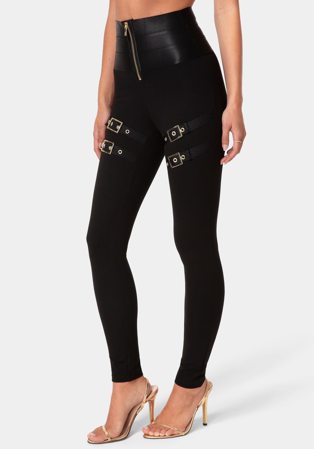 Side View-HIGH WAIST GOLD BUCKLE LEGGINGS-BLACK