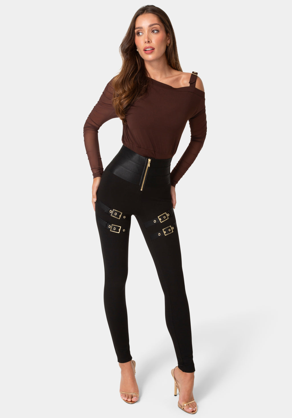 Front View-HIGH WAIST GOLD BUCKLE LEGGINGS-BLACK