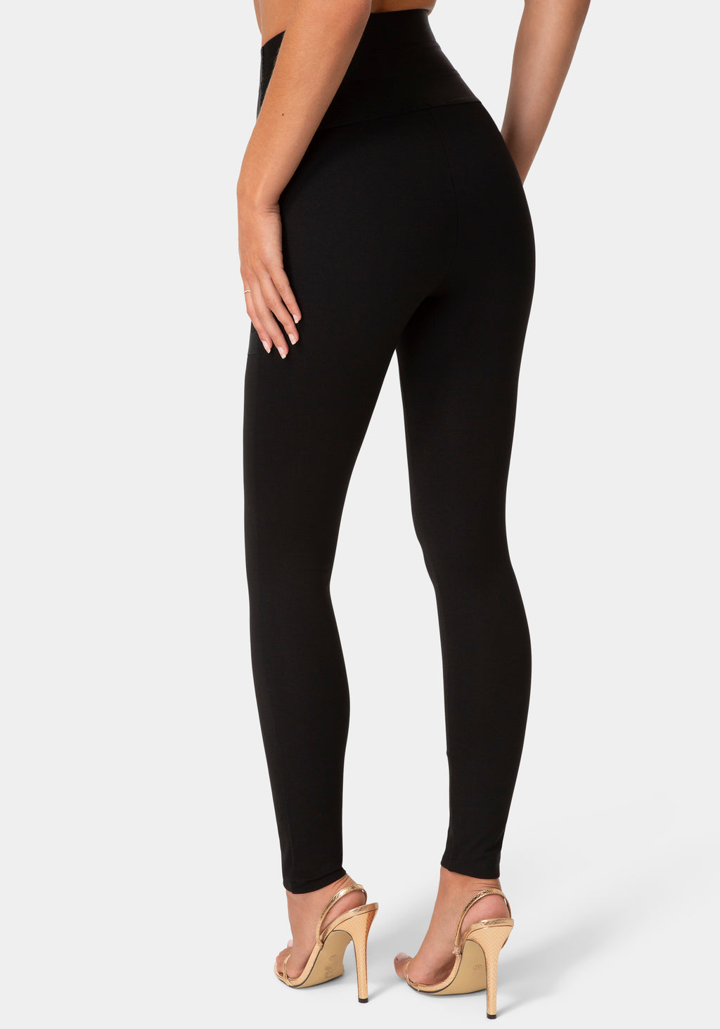 Back View-HIGH WAIST GOLD BUCKLE LEGGINGS-BLACK