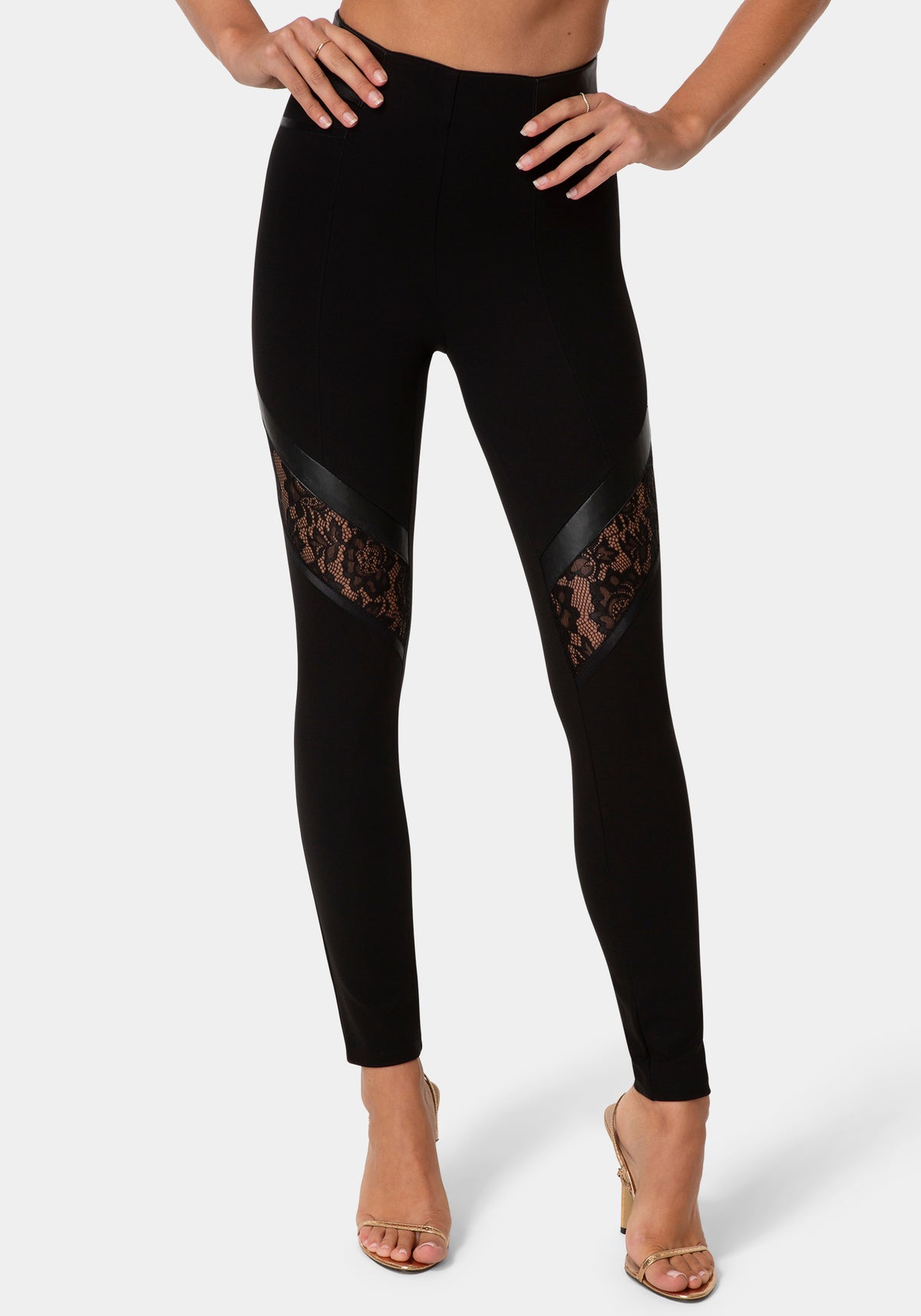 Front View-HIGH WAIST LACE MIX LEGGINGS-BLACK