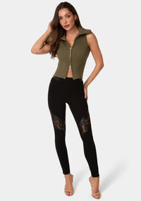Detail View-HIGH WAIST LACE MIX LEGGINGS-BLACK