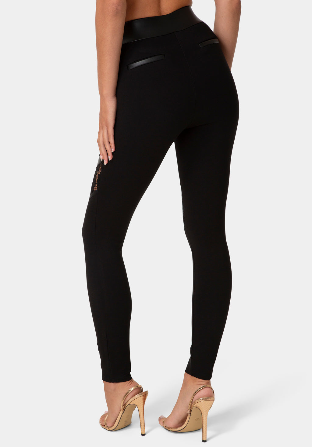 Back View-HIGH WAIST LACE MIX LEGGINGS-BLACK