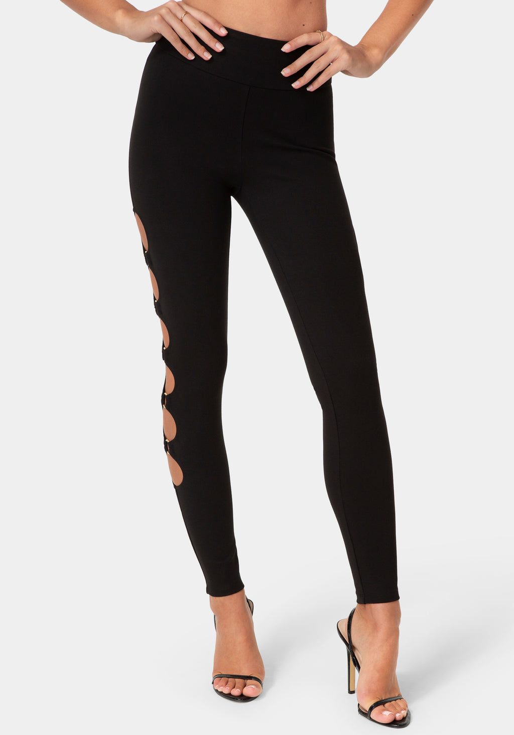 Front View-HIGH WAIST CUTOUT LEGGINGS-BLACK