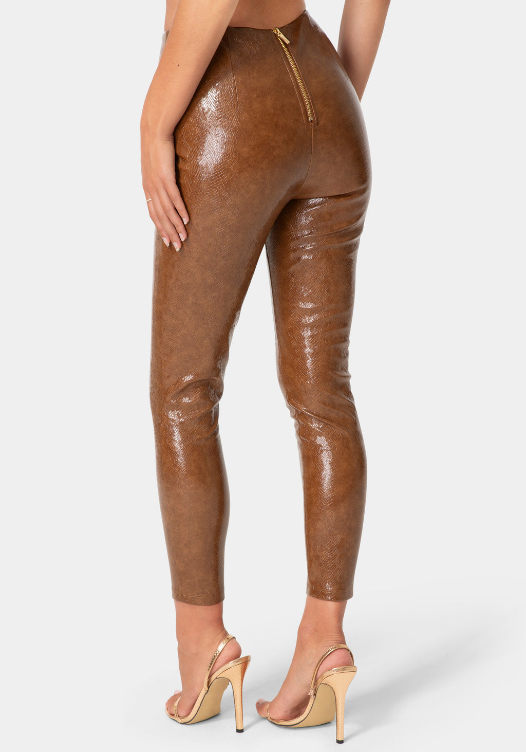 Back View-HIGH WAIST STRETCH VEGAN LEATHER LEGGING-BURNT TAN