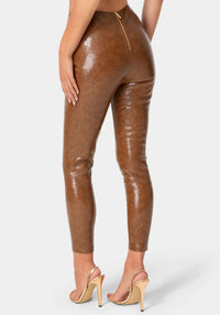 Back View-HIGH WAIST STRETCH VEGAN LEATHER LEGGING-BURNT TAN