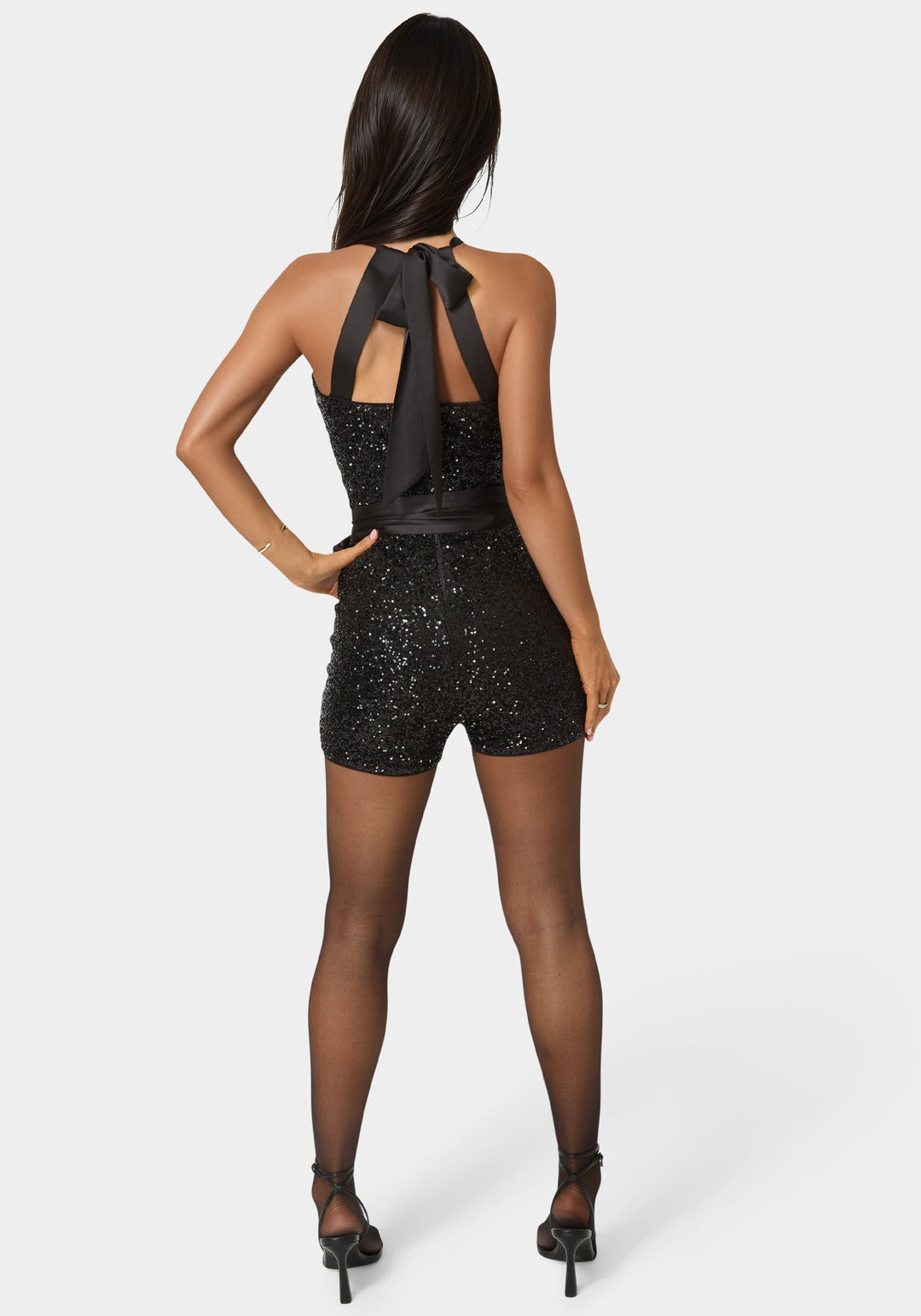 Back View-Sequin Halter Romper-BLACK