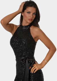 Side View-Sequin Halter Romper-BLACK