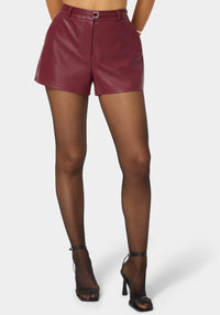 Front View-Vegan Leather Natural Waist Belted Shorts-BERRY KISS