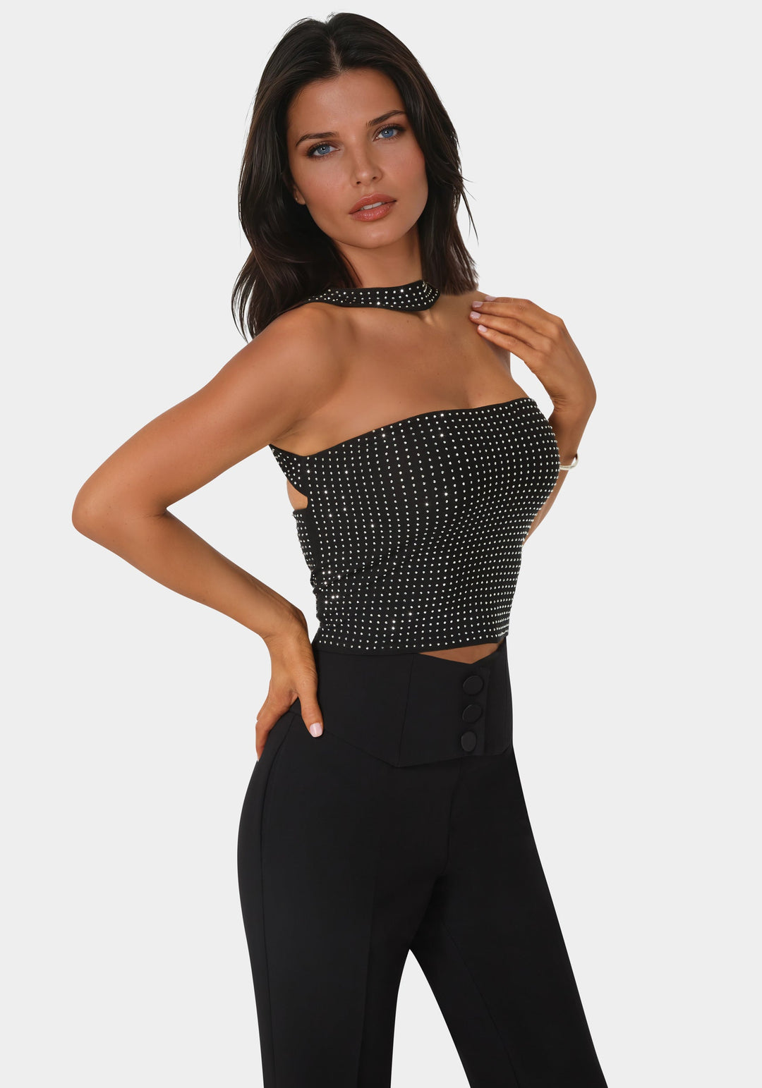 Side View-Rhinestone Mesh Halter Top-BLACK