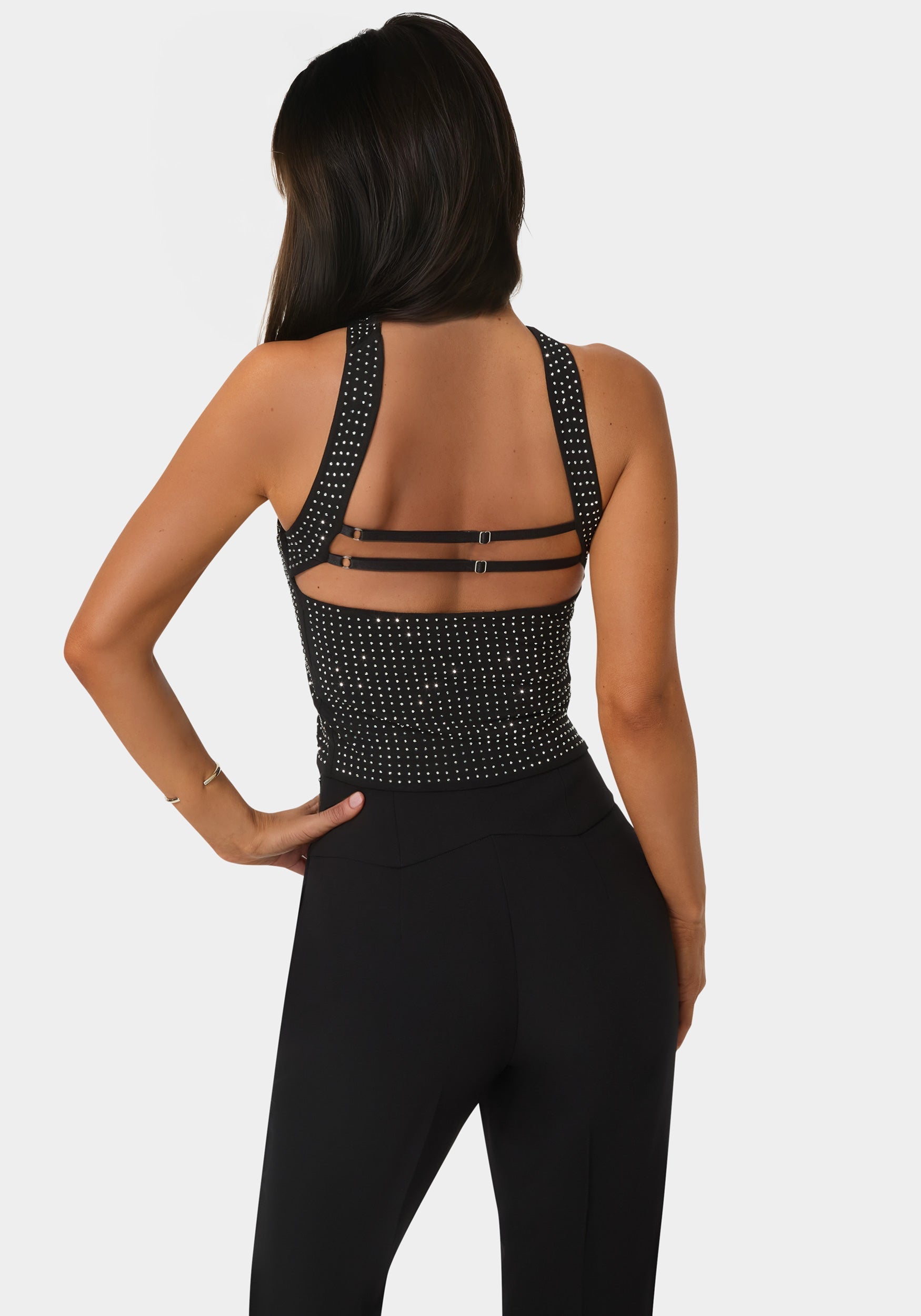 Back View-Rhinestone Mesh Halter Top-BLACK
