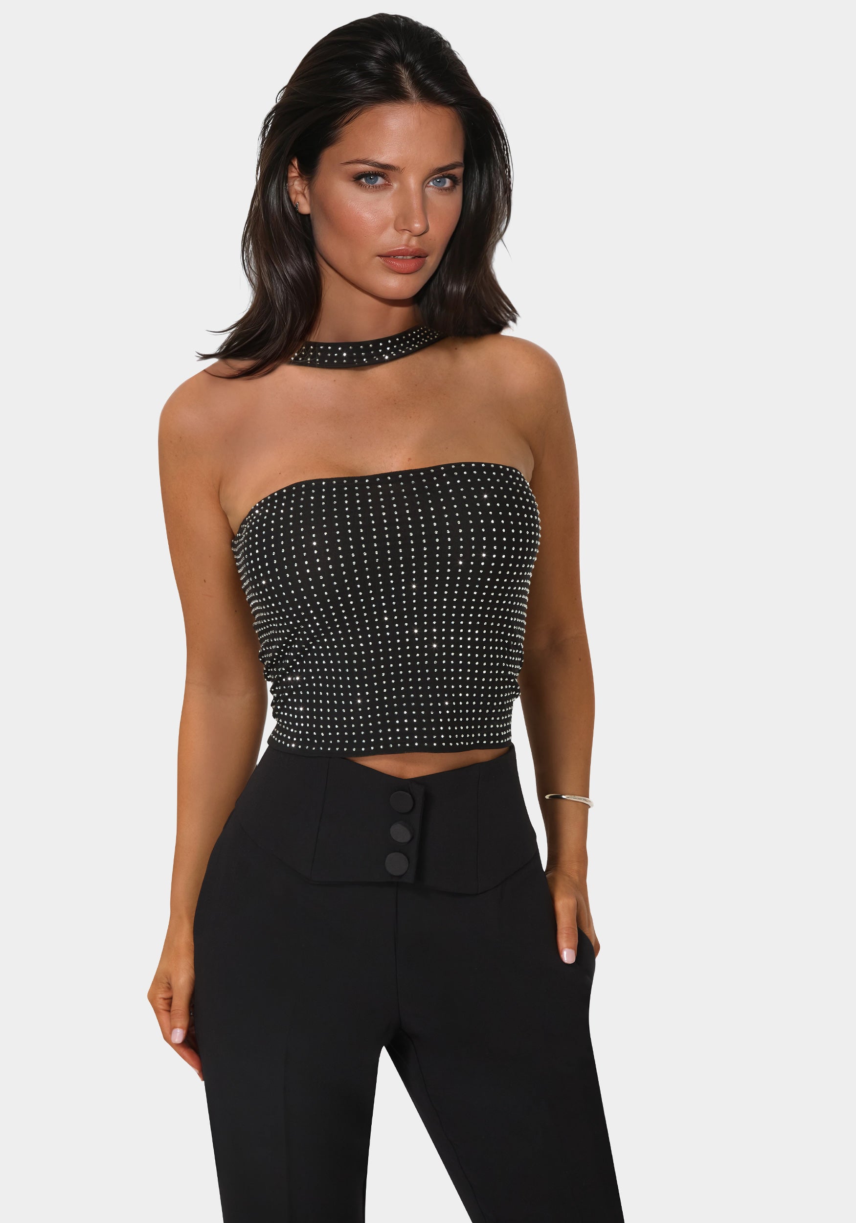 Detail View-Rhinestone Mesh Halter Top-BLACK