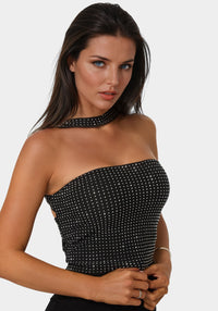 Front View-Rhinestone Mesh Halter Top-BLACK