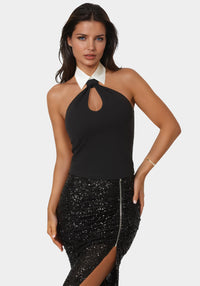 Front View-Notched Neckline Tuxedo Top-BLACK / WHITE ALYSSUM