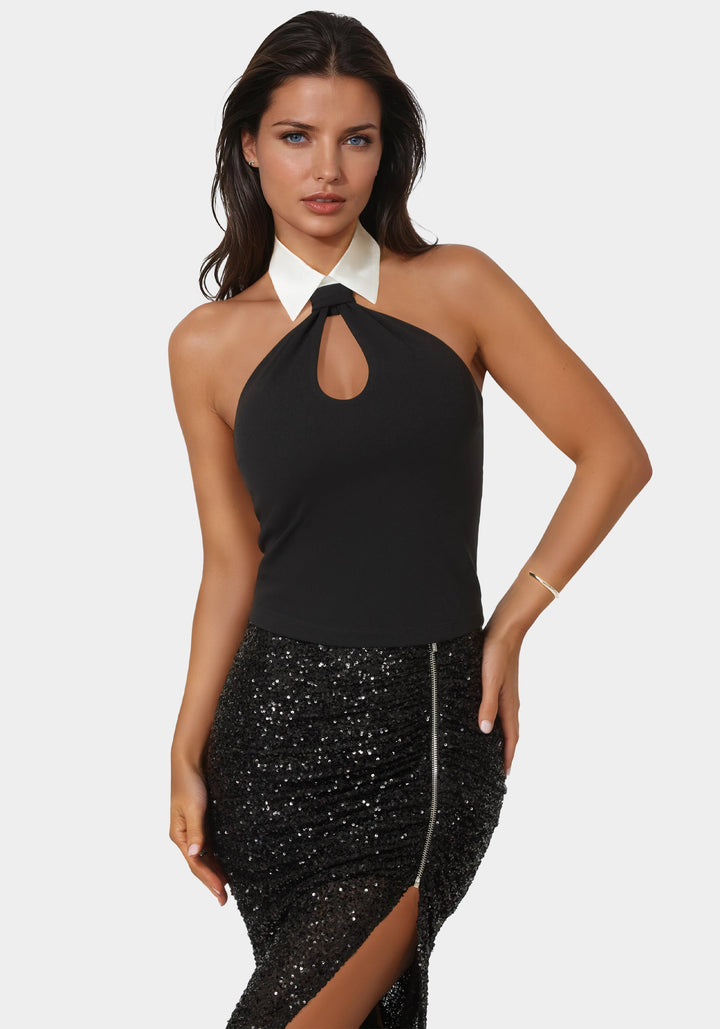 Front View-Notched Neckline Tuxedo Top-BLACK / WHITE ALYSSUM