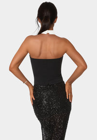 Back View-Notched Neckline Tuxedo Top-BLACK / WHITE ALYSSUM