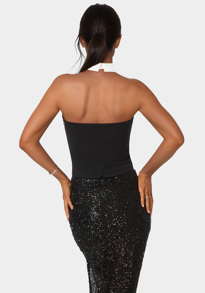 Back View-Notched Neckline Tuxedo Top-BLACK / WHITE ALYSSUM